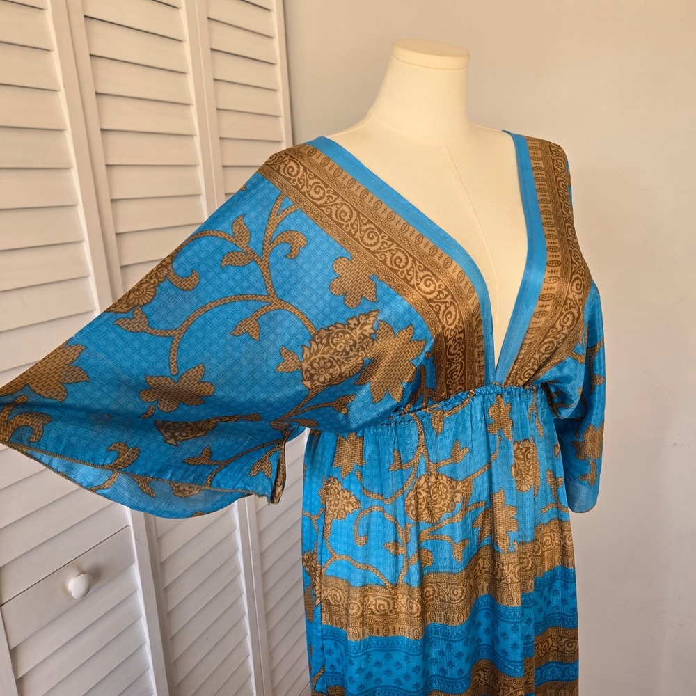 Luz Blue Tan Silk Boho Maxi Kaftan Dress OS Deep V-neck Indie Resort Luxe Hippie - Picture 4 of 9